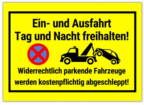 PRINTNOVIA Einfahrt & Ausfahrt Freihalten Schild - 30cm x 20cm Gelbes Kunststoffschild - Parken Verboten - Minimalistisch