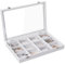 Frebeauty Schmuck Tablett 12 Gitter Samt Schmuck Organizer Aufbewahrungsbox mit klarem Deckel Schublade Schmuck Halter Vitrine mit Schließe Anhänger Armbänder Halskette für Frauen (Weiß, 12 Gitter)