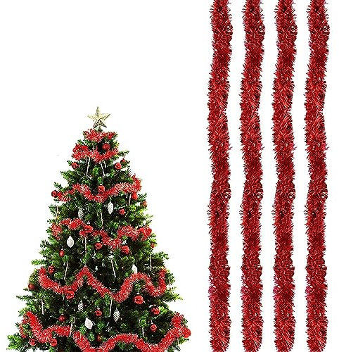 YEAP 4 Stück Weihnachtsbaum Lametta, Weihnachten Lametta Girlande, Lametta Baumschmuck, Glänzend Lametta Girlande, Hängende Dekorationen für Weihnachten Ferien Indoor Outdoor, Je 2m, Rot