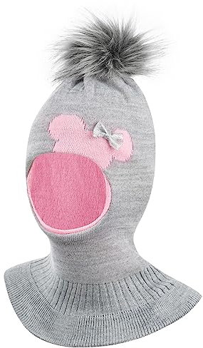 Smarilla Wintermütze Schalmütze Strickmütze Schlupfmütze warme Mädchenmütze Bommelmütze, Farbe: Hellgrau-Rosa, Größe: 50-52