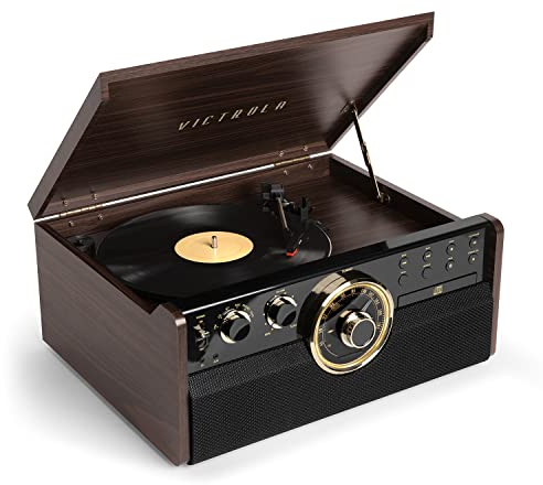 Victrola Empire Tocadiscos 6 en 1 Bluetooth Moderno de Mitad de Siglo en Madera con Plato Giratorio de 3 velocidades, CD, Reproductor de casetes y Radio | Espresso | VTA-270B-ESP-INT
