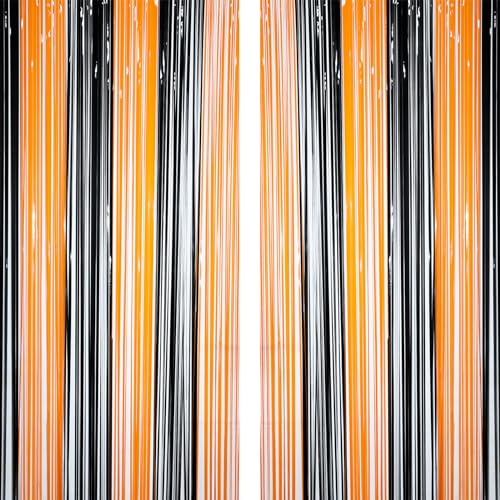 TOPWAYS 2PCS Halloween Tinsel Curtains, Orange Black Foil Fringe Curtains, 3.2 X8.3ft Metallic Foil Curtain, Halloween Party Streamers Door Hanging Decorations for Halloween Wall Party Supplies