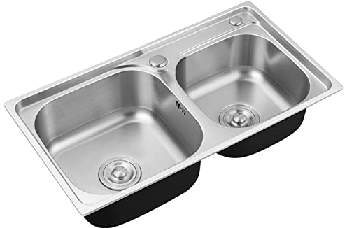 WhfPs Fregadero de Cocina Fregadero de Doble Lavabo Fregadero de encimera y bajo encimera Adecuado para Cocina, Patio, Oficina, Bar, Fregadero Grande y Grueso de Acero Inoxidable (Color: Plateado,