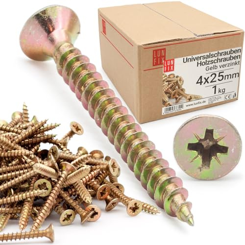 Tornillos universales para madera 4,0x25 mm, 1 kg - 700 uds., cruz PZ2 | Autorroscantes, cabeza plana, amarillos zincados multiusos para aglomerado, bricolaje y metal, Lun Fix