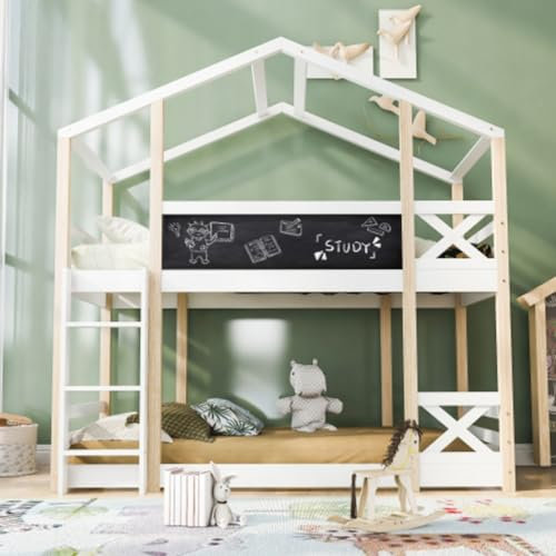 hrijusdif Kinderbett-Baumhaus mit Zwei Ebenen, mit Rutsche und Leiter, Familienbett-Baumhaus mit Absturzsicherung, geeignet für Familien mit 2 Kindern (White + Solid Wood)