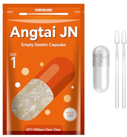 AngtaiJN Capsules de Gélatine Vides Taille 1(1000 Unités)-Capsule Gelatine Transparente à Remplir avec 2 Micro Cuillère de Laboratoire, Gélule Vide Compatible avec le Remplisseur de Capsules de 1
