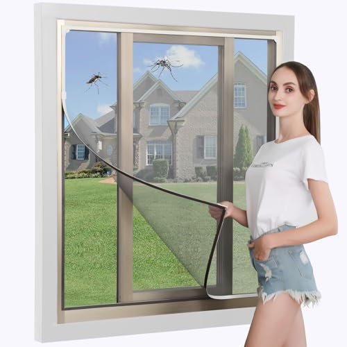 DIY Magnetic Window Screen, Adjustable Window net ,White Frames Grey Fiberglass Mesh 61''X59''(155X150cm)