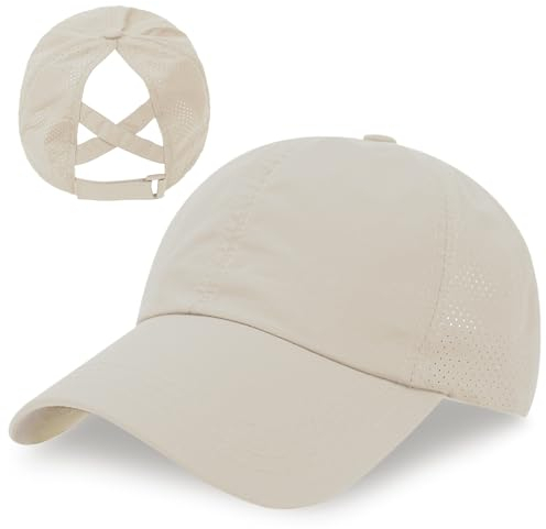 outfit spring Baseball Cap Damen Kappe Sommer Basecap Pferdeschwanz, Verstellbar Frauen Ponytail Cap Baseballmütze Mesh Atmungsaktiv Sonnenhut Freizeit Kappe mit Zopfloch Outdoor Sports Kreuz Khaki