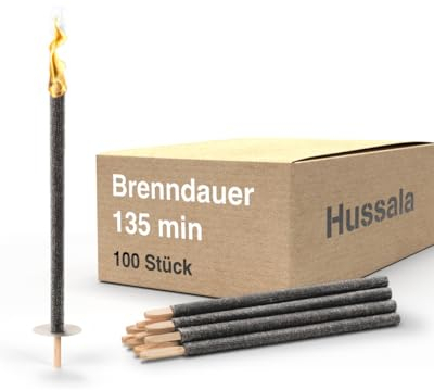 Hussala Diamond Wachsfackeln [100 Stück / 135 min] mit Holzstab und Tropschutz, Garten Fackeln aus Diamond-Wachs
