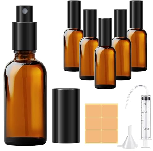 Amentalove Amber Glass Spray Bottles, 6PCS 50ML Empty Fine Mist Spray Bottle with Syringe for Cleaning Essential Oils Perfume Cosmetic Sprays, Portable Travel Small Spray Bottle with Funnel Label