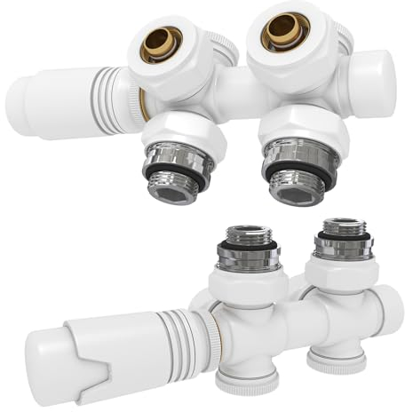 EMKE Hahnblock Multiblock Heizkörper Mittelanschluss Ventil-Armaturen Ventilhahnblock Set mit Thermostat, Eck und Durchgangsform, Heizkörperventil für Badheizkörper Weiß G1/2, 2 Stück
