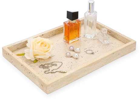 OLegei Vassoio da bagno in travertino beige naturale, vassoio portaoggetti rettangolare per gioielli, vassoio di arredamento, vassoio di servizio, 30 x 20 x 3 cm