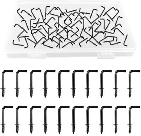 UFURMATE Ganchos de rosca, 100 ganchos en forma de L de 5/8 pulgadas, ganchos de pared atornillados en ángulo recto, ganchos de tornillo autorroscantes para colgar en interiores y exteriores (negro)