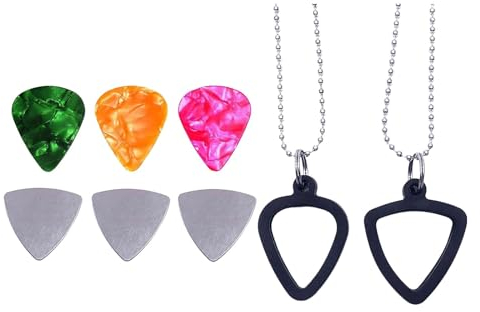 Perfeclan Gitarren-Pick-Halter, Gitarren-Picks-Aufbewahrung, Halskette, tragbar, mit 6 Plektren für Bass, E-Gitarre, Geschenke, Musiker, Musikliebhaber