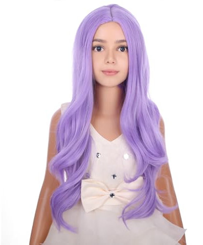 Pattnium - Parrucca viola per ragazze, parrucca viola lunga ondulata e riccia, parrucca viola chiara, parrucca sintetica viola lavanda per ragazze con cappuccio parrucca