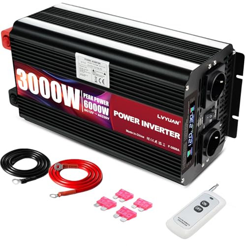 LVYUAN 3000W Wechselrichter 12V Zu 230V (6000W Spitze) Inverter Stromwandler 12v 230v mit Fernbedienung, 2 Steckdosen + USB & LCD Display