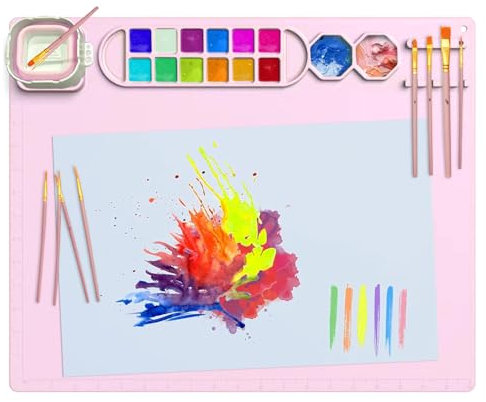 Kujinova Bastelmatte Silikon Zusammenklappbar, Malmatte mit Becher und 10 Pinsel 51 x 41 cm, Malunterlage Silikon, Rutschfest, Multifunktional Silicone Painting Mat für Malen, DIY Kunst (C)​