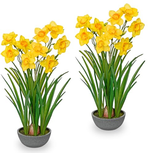 Hollyone Gelbe Künstliche Narzissen Seidenblumen, 2 Stück 35cm Dekorative Blume Künstliche Narzissen im Topf, Kunstblumen Frühlingsblume für Heimdekoration, Fensterbank, Wohnzimmer, Tischdeko