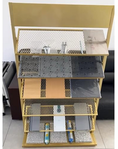 CHZDPP Standing Floor Tile Display Rack, Door Sample Holder for Store/Warehouses/Plant, Multi-layer Glass/Marble Slab Display Stand for Batch Display(Gold,M(26.4inch/67cm))
