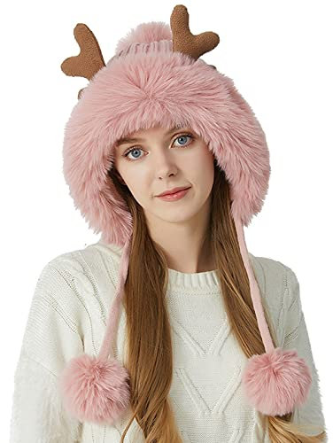 Newsboy Mütze mit Ohren 2022 Weihnachten Hirsch Horn Strickmütze Damen Winter Outdoor Skifahren Kältefest Plüsch Ohr Wollmütze Wintermütze für Herren, rose, M