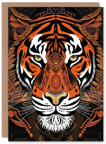 Artery8 Tribal Pattern Tiger Head Design Orange on Black Blank For Him Or Her Art Birthday Card
