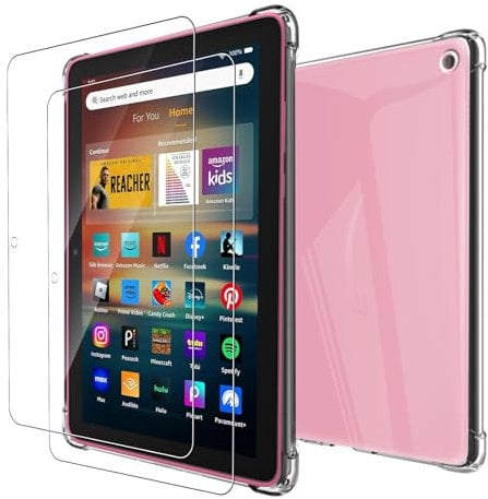 MEMELOKA Hülle für Amazon Fire HD 8/8 Plus/8 Kids/8 Kids PRO 2024 2022 2020 mit 2 Stück Schutzfolie, Weiche Stoßfeste Anti-Gelbfärbung Silikon Schutzhülle mit Verstärkten Airbags - (Transparent)