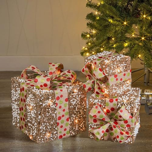 Taylor & Brown Set of 3 Light Up Boxes Gift Parcel Lights Indoor Xmas Decorations for Tree Battery Powered with 50 Warm White LED Lights, Gold Glitter & White Berry