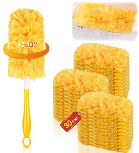 Lot de 30 plumeaux de rechange avec 1 poignée et 1 tige télescopique, compatibles avec Swiffer 3D, plumeau, chiffons de nettoyage, chiffon à poussière