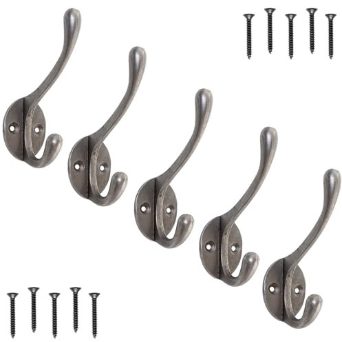 EDUWURXS Heavy-Duty Cast Iron Coat Hooks Pack of 5 Wall-Mounted Hooks for Hanging Clothes Towels Coats, Rustic Vintage Design in Antique Iron Finish for Hallways, Bedrooms, Bathrooms, and Entryways
