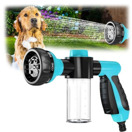 Jet Dog Wash Dog Shower Sprayer Garden Hose Spray,Garden Hose Nozzle,Adjustable Foam Spray with Soap Dispenser 8-in-1 Sprayer Mode Jet Dog Wash Hose Nozzle Attachment for Plants & Lawns Watering