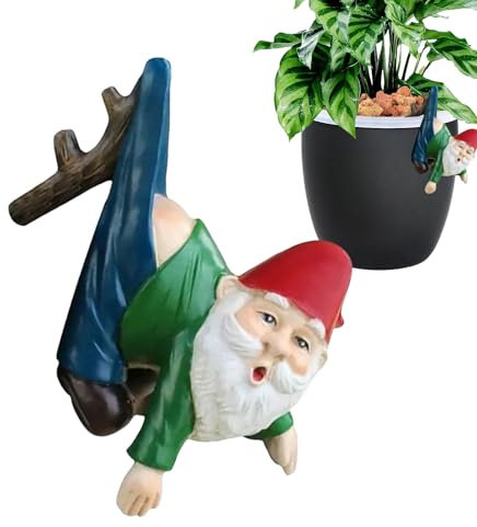 Estatua de gnomo de jardín enano de resina para colgar caprichosa, colgador para maceta, jarrón y plantas suculentas, decoración para patio, césped, patio, balcón y mesa interior