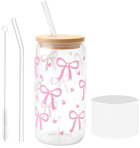 HAASIKI Pink Bow Glass Cup Set, 500ML Iced Coffee Cup with Bamboo Lids and Glass Straws, 16oz Iced Coffee Cup with 1 Silicone Cup Sleeve, Drinking Cup for Women Girls Friends