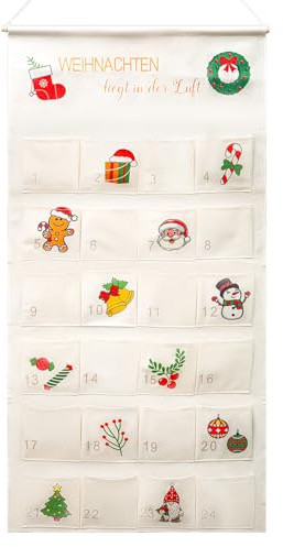 TEUYOE Adventskalender zum Befüllen aus Stoff 100 x 50 cm, mit 24 Taschen | Wiederverwendbarer Stoffkalender, Mit Aufhängevorrichtung. für Weihnachtskarten,Spielzeug & Kleine Geschenke,für Wand & Tür