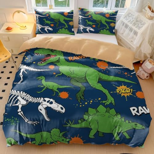 Cartoon-Dinosaurier-Bettwäsche-Set für Einzelbett, Pop-Art-Dino, Karneval, weiche Mikrofaser, Kinderbettwäsche für Jungen und Mädchen, Schlafzimmerdekoration (Stil 3, Einzelbett 135 x 200 cm + 50 x 75