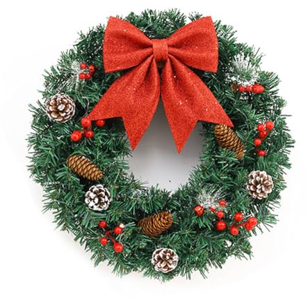 Ghirlanda di Natale Fuori Porta con Fiocco Glitterato Casa Natalizie Decorazioni per Interno e Esterno (50CM)