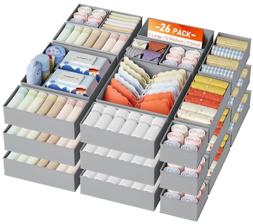 DIMJ Schubladen Ordnungssystem Schubladen Organizer - 26er Set Faltbare Aufbewahrungsbox Stoff, Unterwäsche Organizer Kleiderschrank für Babykleidung, Socken, Grau