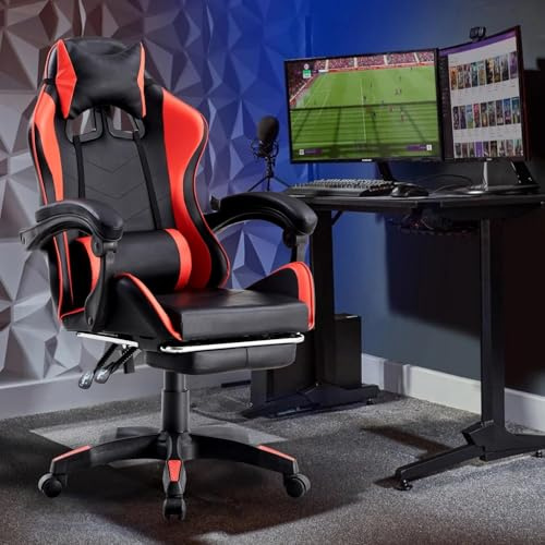 Generico Sedia da Gaming con Poggiapiedi Poggiatesta Cuscino Lombare con Funzione Massaggiante Altezza Regolabile Sportiva Comfort Estremo Ergonomica per Ufficio e Casa