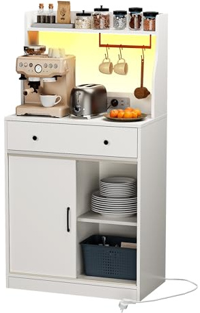 Aparador Cocina Mueble Auxiliar de Cocina Armario Buffet con Enchufe y LED, Mueble Microondas Cocina para Sala de Comedor Salón(Blanco, 70 x 40 x 134 cm)