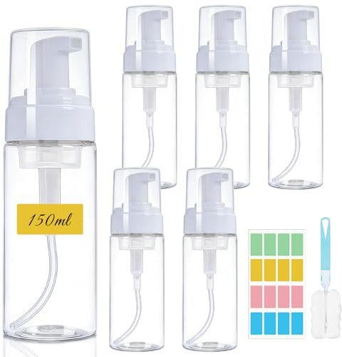 Maxumille 6 Foaming Soap Dispenser 150ml, Foam Pump Bottle Travel 5.3oz | Mousse Foam Soap Dispenser with Sitcker, Brush, Refillable Clear Plastic Travel Bottles for Toiletries for Face Wash Mackup