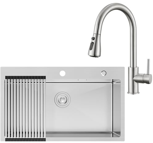 CECIPA 75x45 cm Évier Cuisine Inox 304, Pour plan de travail 80cm et plus | Évier avec égouttoir enroulable, kit de vidange complet, Robinet cuisine rétractable, Encastrée ou sur plan de travail
