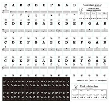 Entfernbare Klaviertasten-Notenschilder 10sets 88/61/54/49/37 Keys Transparent Stickers For Piano Keyboard Instrument Stickers Auxiliary Learning Piano Stickers(Black)