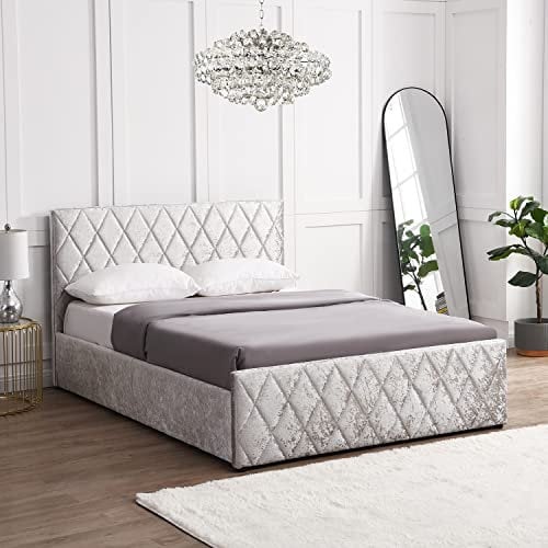 Cherry Tree Furniture HAYDEN Crushed Velvet Side-Opened Gaslift Storage Bed Frame Ottoman (Silver, 5FT King)