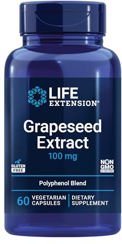 Life Extension Grapeseed Extract, Vitamin C, Calcium, resveratrol, polyphenols, Cardiovascular Health, antioxidant Protection, Gluten-Free, Non-GMO, Vegetarian, 60 Capsules