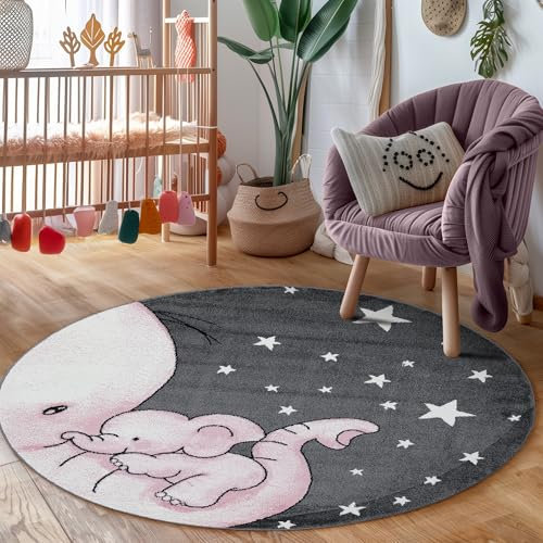 Carpettex Kinderteppich Elefant Design Pink 120 cm Rund - Kurzflor Teppich Kinderzimmer für Mädchen und Jungen Pflegeleicht Weich - Waschbarer Spielteppich Babyteppich Gaming Teppich Babyzimmer