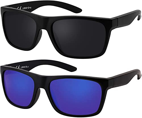 La Optica B.L.M. Herren Sonnenbrille UV400 Männer Sportbrille Fahrradbrille - Doppelpack Set Matt Schwarz (Gläser: 1 x Grau, 1 x Blau Verspiegelt)