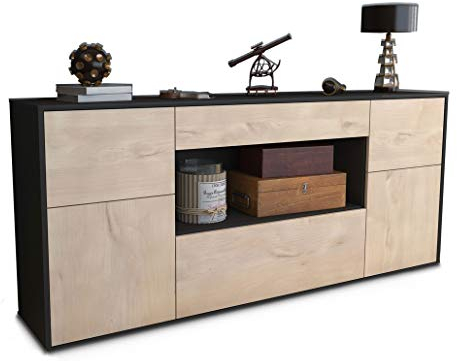 Stil.Zeit Sideboard Johannes, Korpus anthrazit matt, Front Zeder (180x79x35cm) Push-to-Open Technik & Leichtlaufschienen