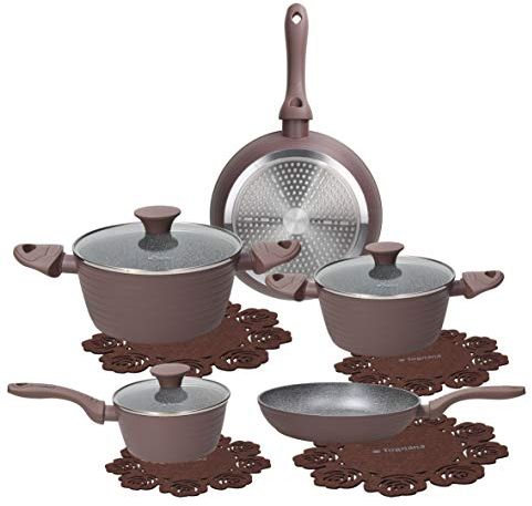 Tognana Cooking Circle Cacao, Batteria di pentole e padelle antiaderenti e proteggi pentola, Set con 2 padelle, 3 casseruole, 3 coperchi trasparentida, 8 Pezzi, Alluminio, Marrone