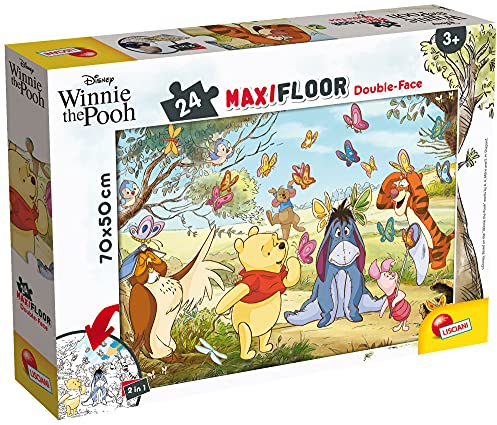 Liscianigiochi, Maxi Puzzle pour enfants à partir de 3 ans, 24 pièces, 2 en 1 Double Face Recto / Verso avec le dos à colorier - Disney Winnie l'Ourson 86665
