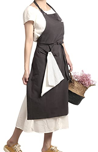 Pincy Weiche Schürze aus Baumwollleinen – Retro-Leinen-Kunstschürze, verstellbare lässige Schürze mit Handtuch, ideal für Floristen, Kaffeehaus und Küche (Grau)