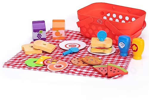 Fat Brain Toys Pretendables Picknickkorb-Set - Picknickkorb & Decke mit Holzspielzeug Lebensmittel & Zubehör - pädagogische Spielküche - langlebiges Spielzeug Lebensmittel-Set für +3 Jahre alt